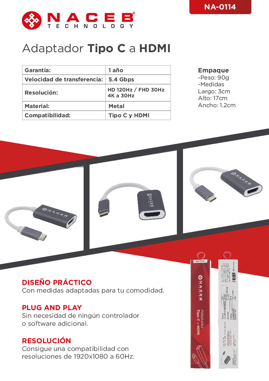 Adaptador Tipo C a HDM Naceb Technology NA-0114