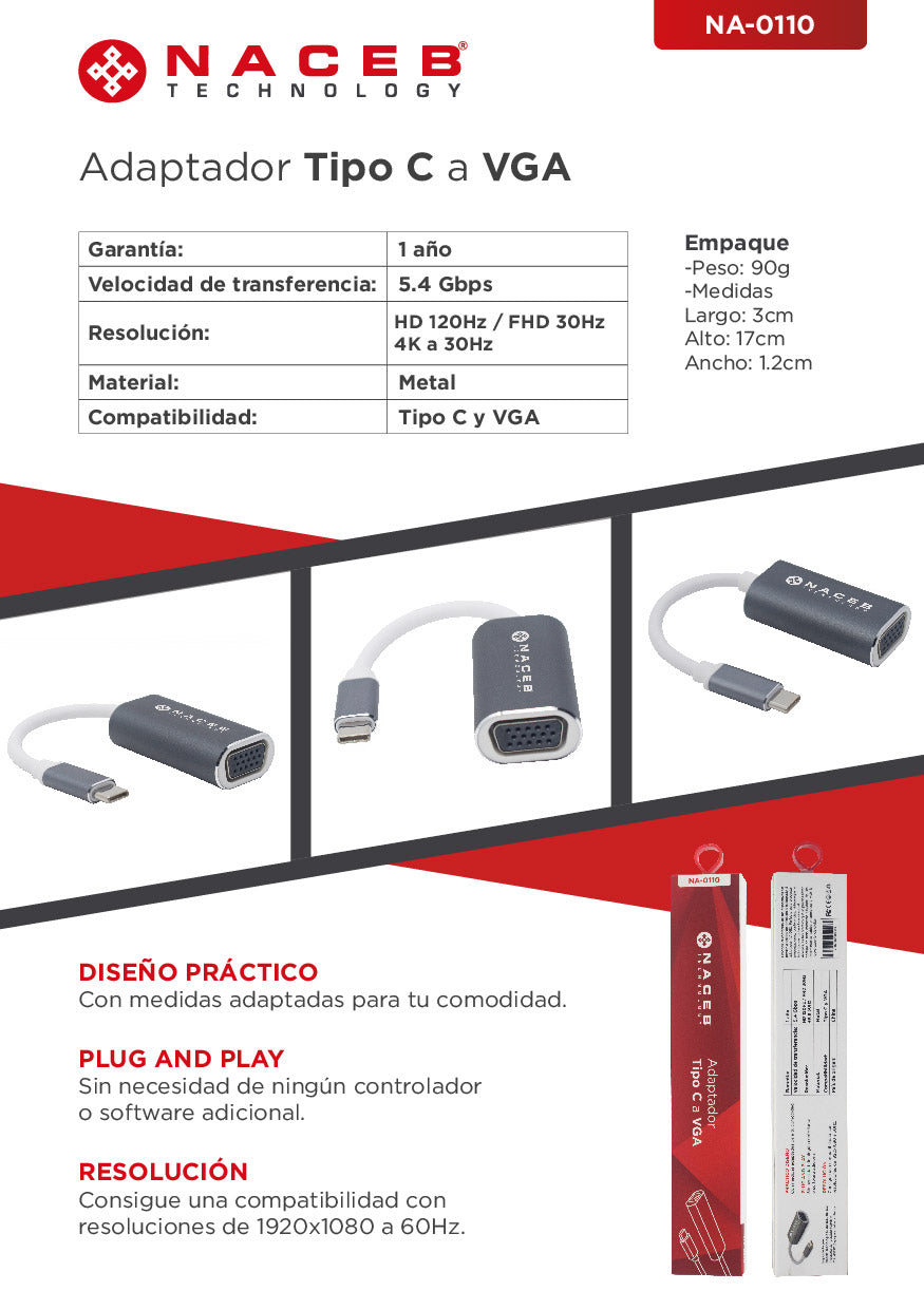 Adaptador Tipo C a VGA Naceb Technology NA-0110