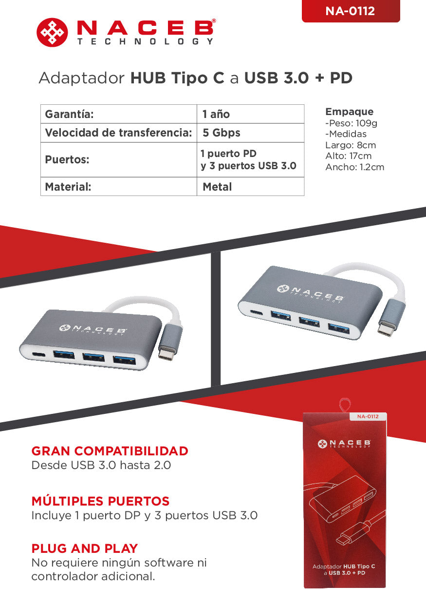 Adaptador Tipo C a USB 3.0 + PD Naceb Technology NA-0112