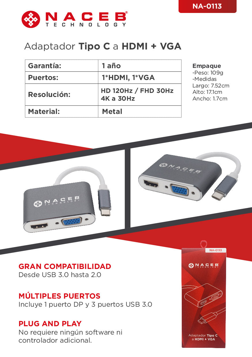 Adaptador Tipo C a HDMI+VGA Naceb Technology NA-0113