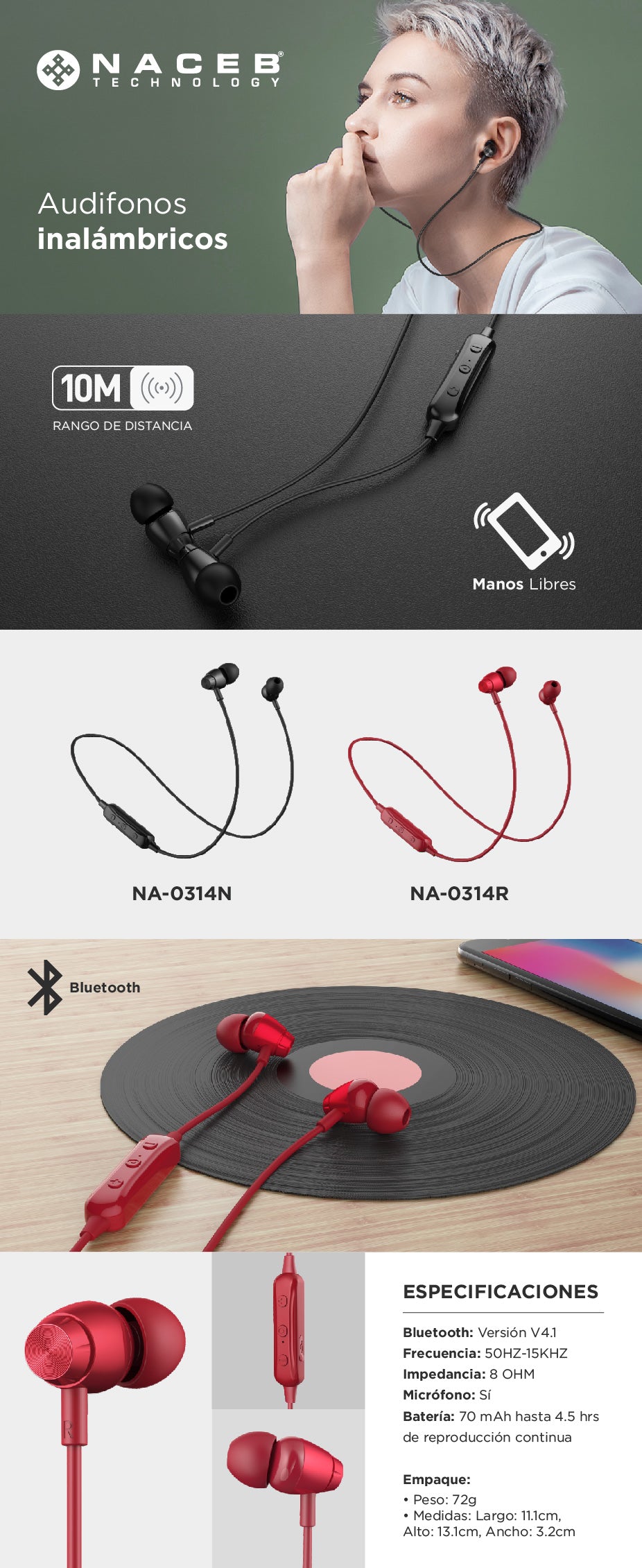 Audífono Bluetooth Naceb Technology NA-0314R