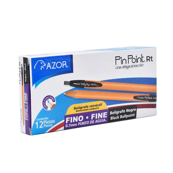 Boligrafo Azor Pin Point RT Retractil Punto fino 0.7mm Tinta Negra Caja C/12