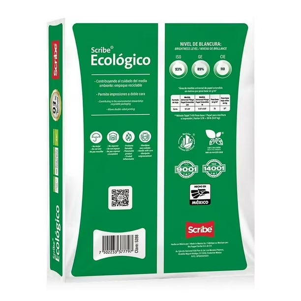 Papel Cortado Scribe Ecológico Carta 93% de Blancura 75gr Caja C/5000 Hojas