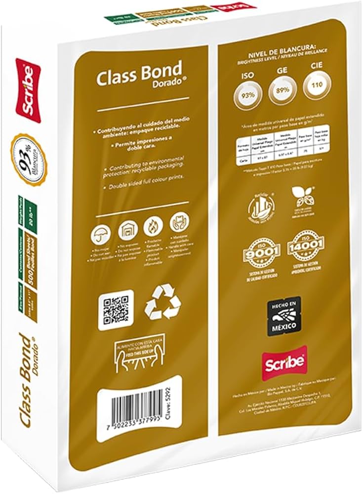 Papel Cortado Scribe Class Bond Dorado Carta 93% de Blancura 75gr Caja C/5000 Hojas