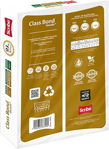 Papel Cortado Scribe Class Bond Dorado Carta 93% de Blancura 75gr Caja C/5000 Hojas