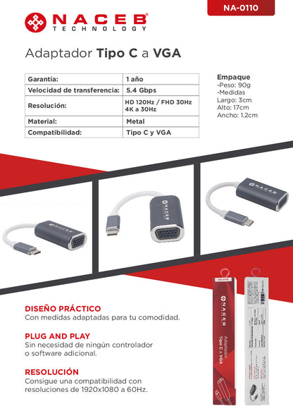 Adaptador Tipo C a VGA Naceb Technology NA-0110
