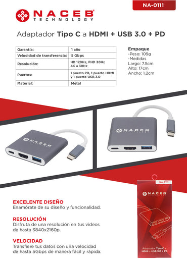 Adaptador Tipo C a HDMI + USB 3.0 + PD Naceb Technology NA-0111