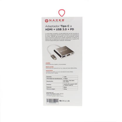 Adaptador Tipo C a HDMI + USB 3.0 + PD Naceb Technology NA-0111