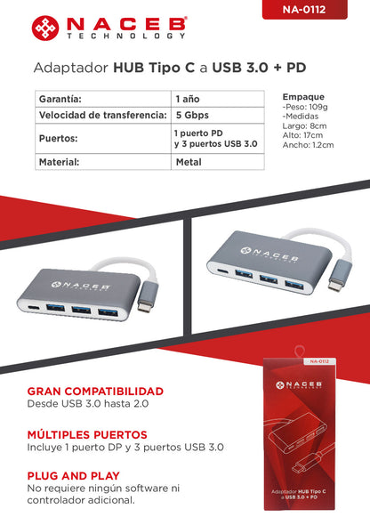 Adaptador Tipo C a USB 3.0 + PD Naceb Technology NA-0112