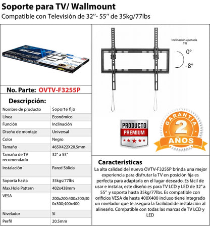 Soporte de Pared FIJO para TV  OVALTECH De 32