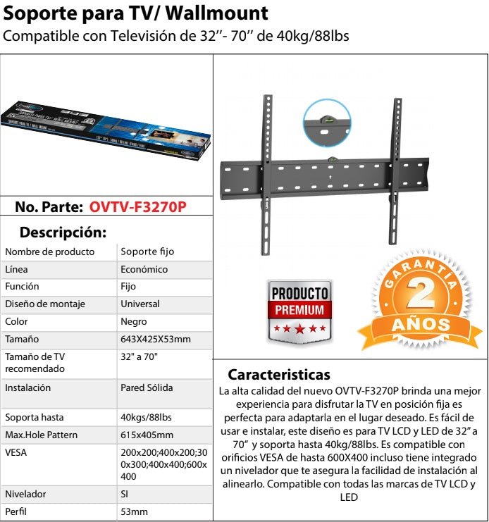 Soporte de Pared FIJO para TV OVALTECH OVTV-F3270P