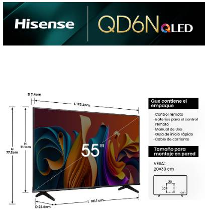 Televisión Hisense Smart TV de 55" 55QD6N